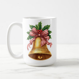 Gyllene julklocka med järnek och randig rosett kaffemugg