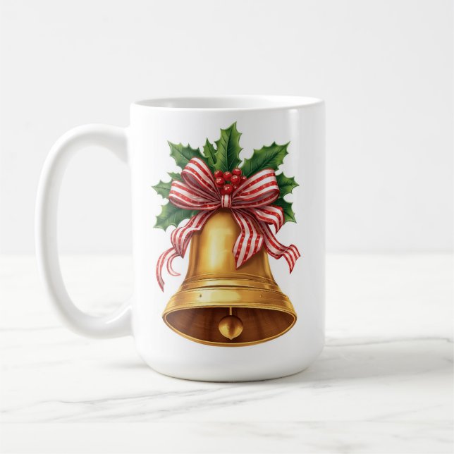 Gyllene julklocka med järnek och randig rosett kaffemugg (Vänster)