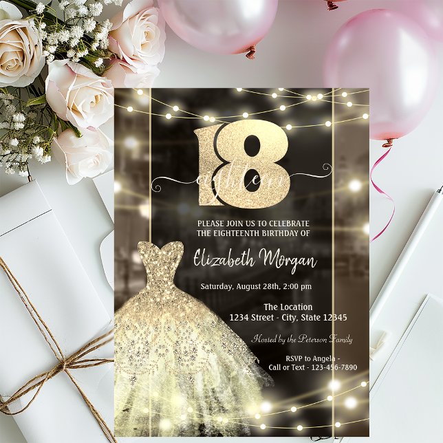 Gyllene klänning sladdljus 18-årsdag  inbjudningar (Skapare uppladdad)