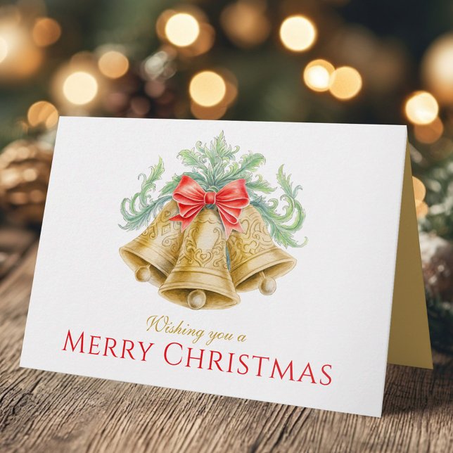 Gyllene klockor vattenfärg grön röd glad jul  kort (Skapare uppladdad)