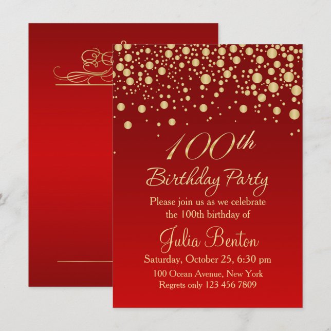 Gyllene konetti om den röda 100:e födelsedagsinbju inbjudningar (Fram/baksida)