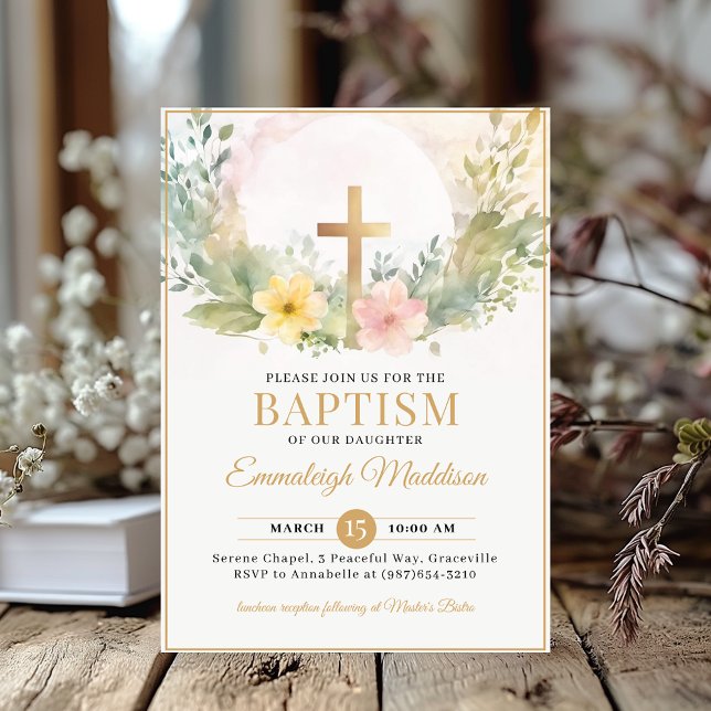 Gyllene Kors Blommor Dop eller Döpelse Inbjudningar (Skapare uppladdad)