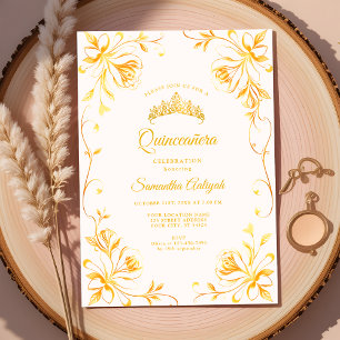 Gyllene Kron Lyx Guld Blommig Quinceañera Inbjudningar