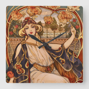 Gyllene Krysantemum Musan – Art Nouveau Blommig Fyrkantig Klocka