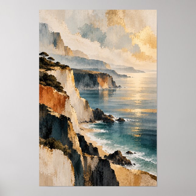 Gyllene kustklippor och blå havslandskapsvägg  poster (Framsidan)