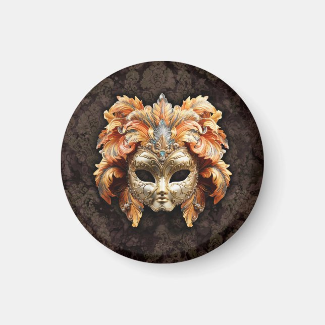 Gyllene Lejonmask med orangefjädrar  Magnet (Framsidan)