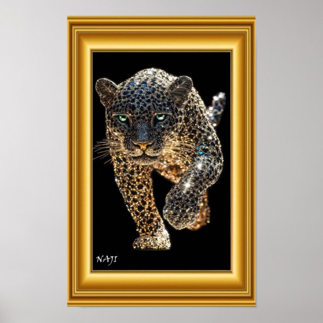 Gyllene leopard i rörelse – Lyxig svart och guld W Poster (Framsidan)