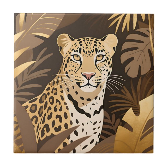 Gyllene Leopard Jungle Boho Vilda Djur  Kakelplatta (Framsidan)