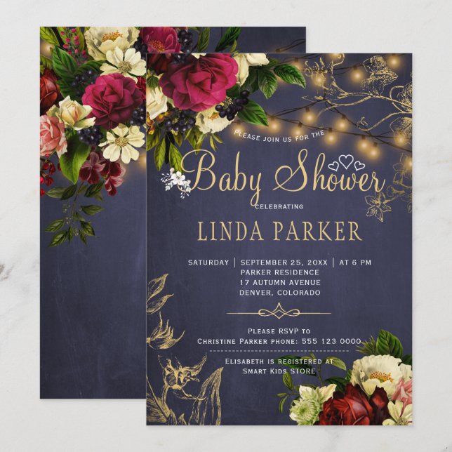 Gyllene ljus vinter rustik marinblå baby shower inbjudningar (Fram/baksida)