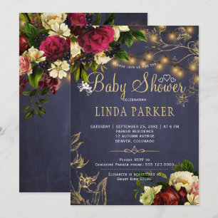 Gyllene ljus vinter rustik marinblå baby shower inbjudningar