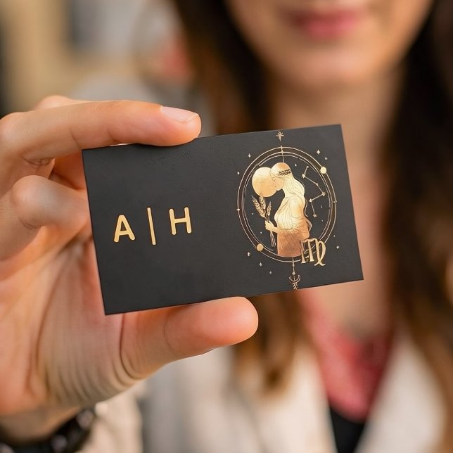 Gyllene look - Jungfrun Zodiak -monogram svart Visitkort (Skapare uppladdad)