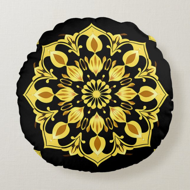 Gyllene Mandala-design med symmetriska mönster Rund Kudde (Framsidan)