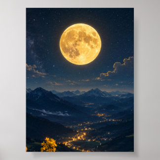 Gyllene måne över bergsdalens nattlandskap poster