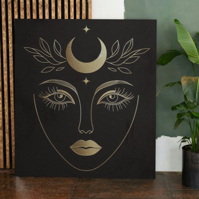 Gyllene månkrona abstrakt feminint porträtt canvastryck (Feminine moon power. Mystic wall art for your home. #MoonGoddess #BohoDecor)