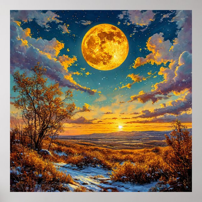 🌕 Gyllene månskens solnedgång äng träd natur glöd Poster (Framsidan)