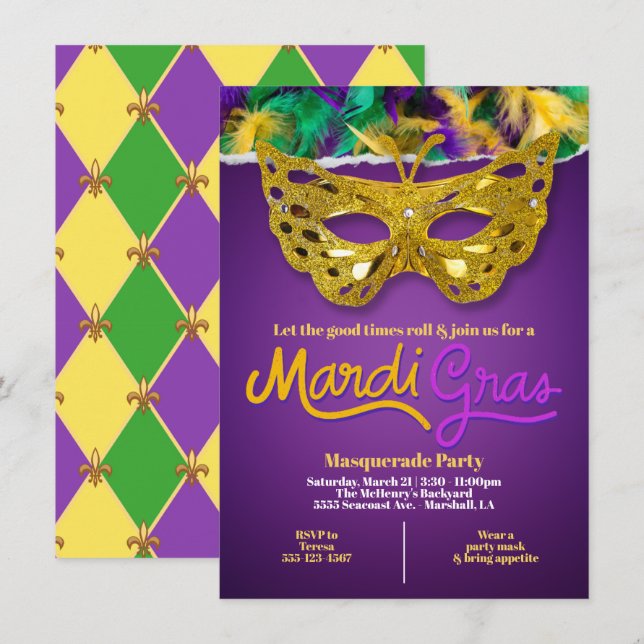 Gyllene Mardi Gras maskeradfirande Inbjudningar (Fram/baksida)