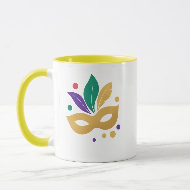 Gyllene Mask & Fjädrar — Elegant Mardi Gras 2026 D Mugg (Vänster)