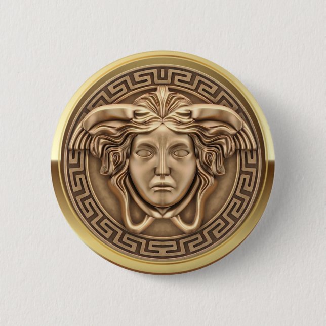 Gyllene Medusa Gorgon med grekisk nyckel Knapp (Framsida)