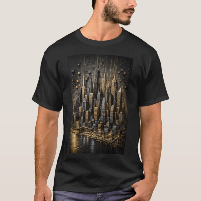 Gyllene Metropolis | 3D Mikro Mozaik Stadssiluett T Shirt (Framsida)