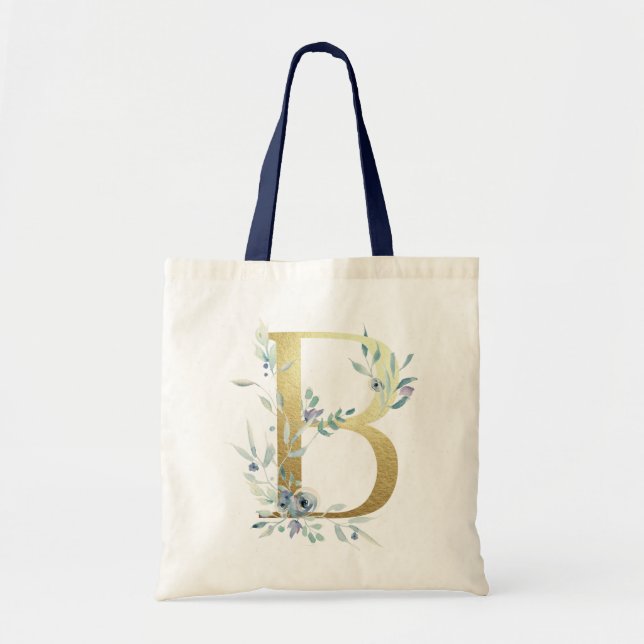 Gyllene monogram bokstav B Blå akvarell blommor Tygkasse (Framsidan)