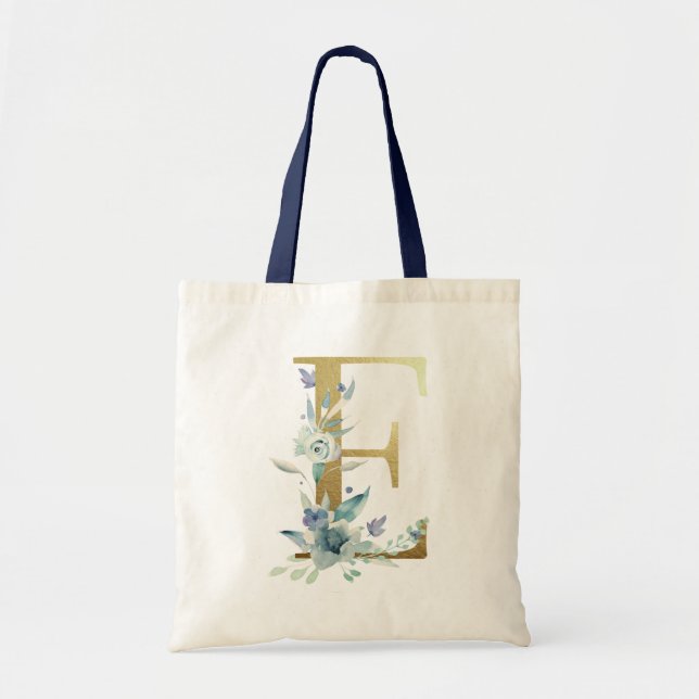 Gyllene monogram bokstav E Blå akvarell blommor Tygkasse (Framsidan)