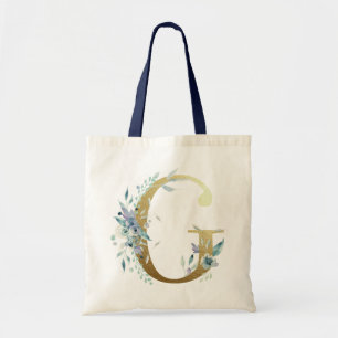Gyllene monogram bokstav G Blå akvarell blommor Tygkasse