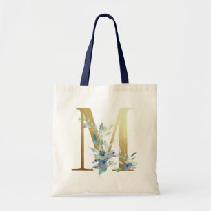 Gyllene monogram bokstav M Blå akvarell blommor Tygkasse