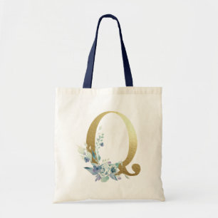Gyllene monogram bokstav Q Blå akvarell blommor Tygkasse