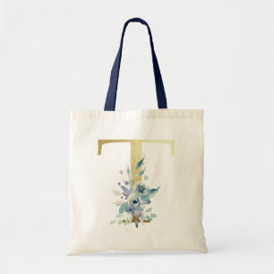 Gyllene monogram bokstav T Blå akvarell blommor Tygkasse