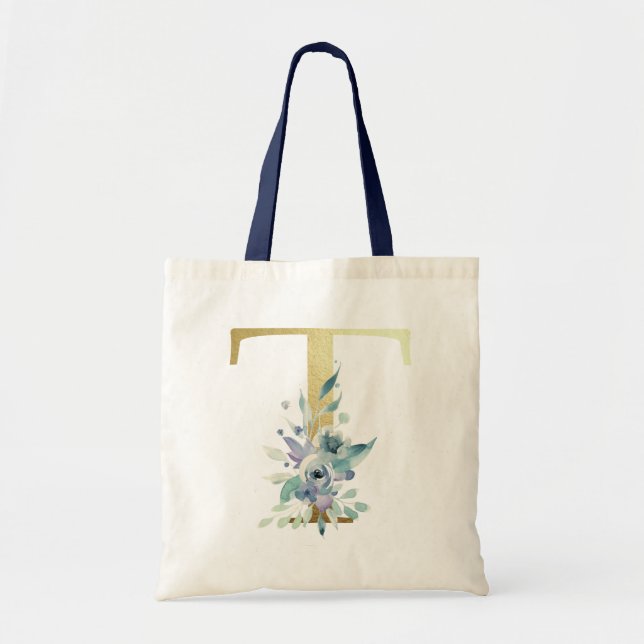 Gyllene monogram bokstav T Blå akvarell blommor Tygkasse (Framsidan)