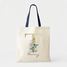 Gyllene monogram bokstav T Blå namn blomsterdekor Tygkasse