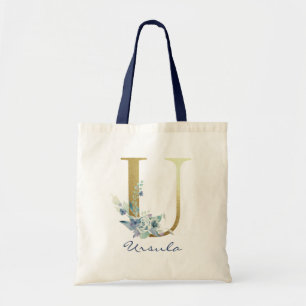 Gyllene monogram bokstav U Blå namn blomsterdekora Tygkasse