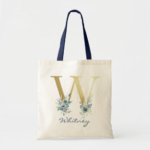 Gyllene monogram bokstav W Blå namn blomsterdekora Tygkasse