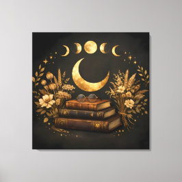 Gyllene Mystisk Bibliotek & Botanisk Boho Moon Art Canvastryck