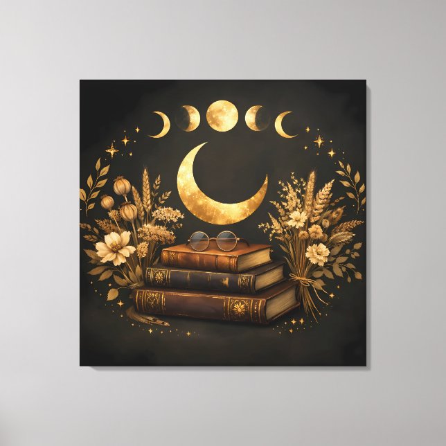 Gyllene Mystisk Bibliotek & Botanisk Boho Moon Art Canvastryck (Framsida)