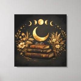 Gyllene Mystisk Bibliotek & Botanisk Boho Moon Art Canvastryck