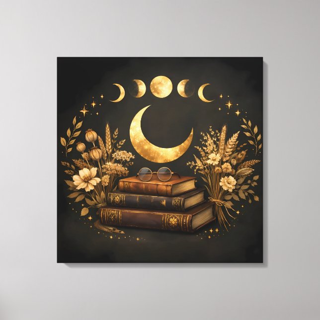 Gyllene Mystisk Bibliotek & Botanisk Boho Moon Art Canvastryck (Framsida)