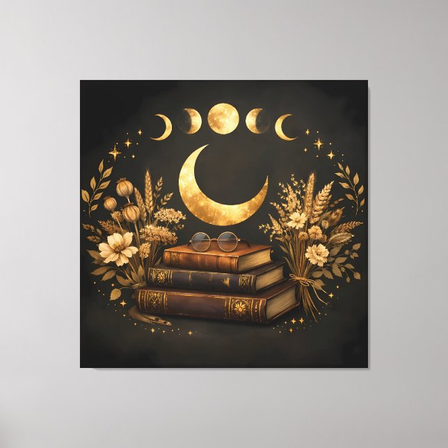 Gyllene Mystisk Bibliotek & Botanisk Boho Moon Art Canvastryck (Framsida)