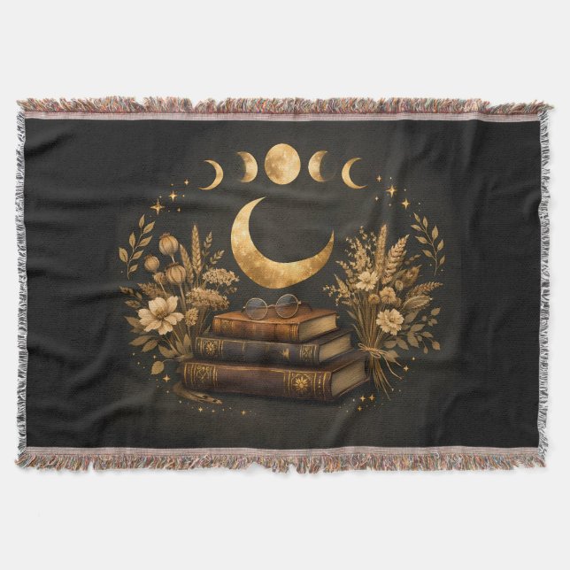 Gyllene Mystisk Bibliotek & Botanisk Boho Moon Art Filt (Framsidan)