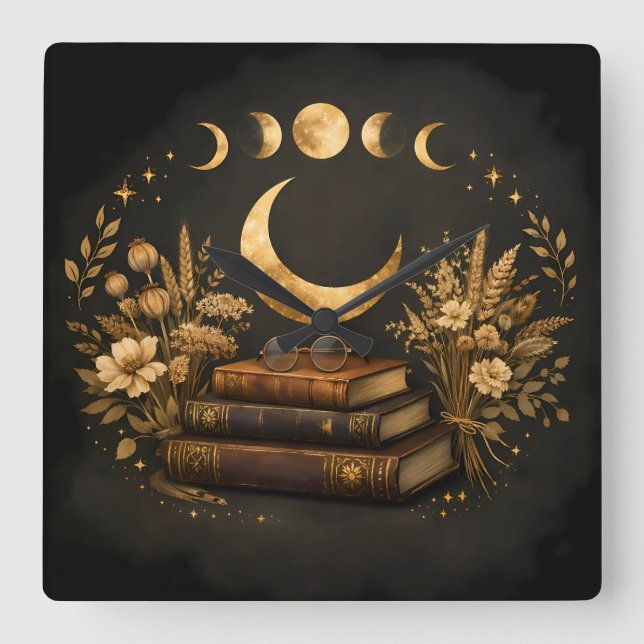 Gyllene Mystisk Bibliotek & Botanisk Boho Moon Art Fyrkantig Klocka (Framsida)
