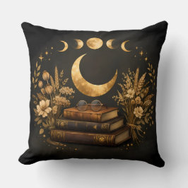 Gyllene Mystisk Bibliotek & Botanisk Boho Moon Art Kudde