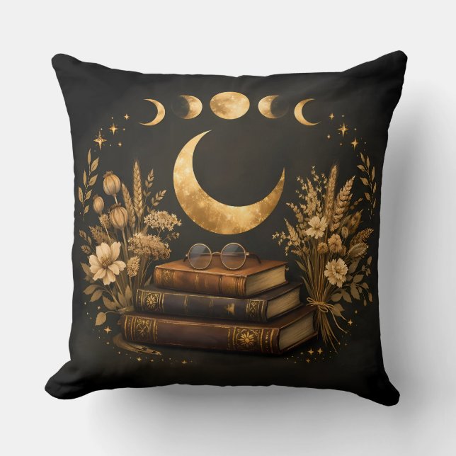 Gyllene Mystisk Bibliotek & Botanisk Boho Moon Art Kudde (Framsida)