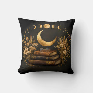 Gyllene Mystisk Bibliotek & Botanisk Boho Moon Art Kudde