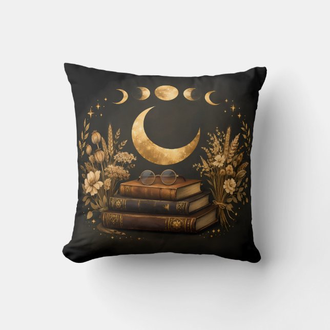 Gyllene Mystisk Bibliotek & Botanisk Boho Moon Art Kudde (Framsida)