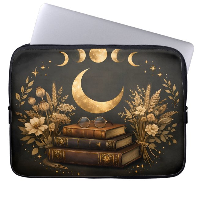 Gyllene Mystisk Bibliotek & Botanisk Boho Moon Art Laptop Fodral (Framsidan)