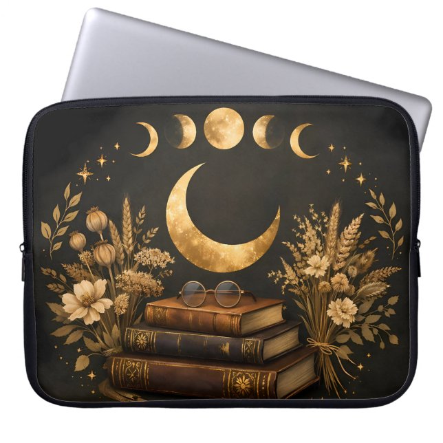 Gyllene Mystisk Bibliotek & Botanisk Boho Moon Art Laptop Fodral (Framsidan)