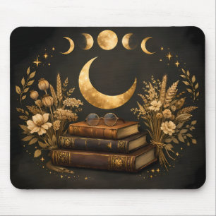Gyllene Mystisk Bibliotek & Botanisk Boho Moon Art Musmatta