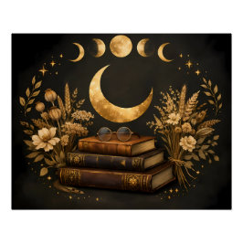 Gyllene Mystisk Bibliotek & Botanisk Boho Moon Art Perfect Poster