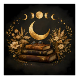 Gyllene Mystisk Bibliotek & Botanisk Boho Moon Art Perfect Poster