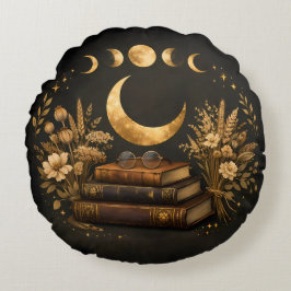 Gyllene Mystisk Bibliotek & Botanisk Boho Moon Art Rund Kudde